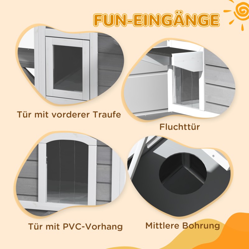 Kissatalo ulko- ja sisäkäyttöön 2-kerroksinen kuusipuusta 99,5 x 76 x 91 cm harmaa-valkoinen