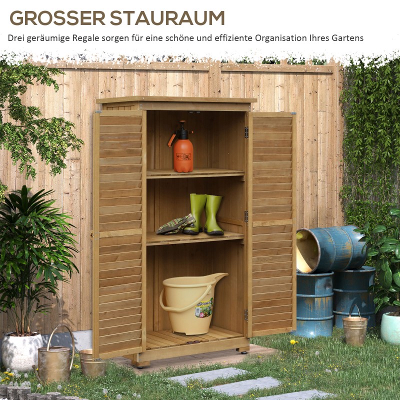 Ulkosäilytyskaappi puutarhaan, kuusipuu, 3 hyllyä, säleovet, säänkestävä, 87 x 46,5 x 160 cm, ruskea