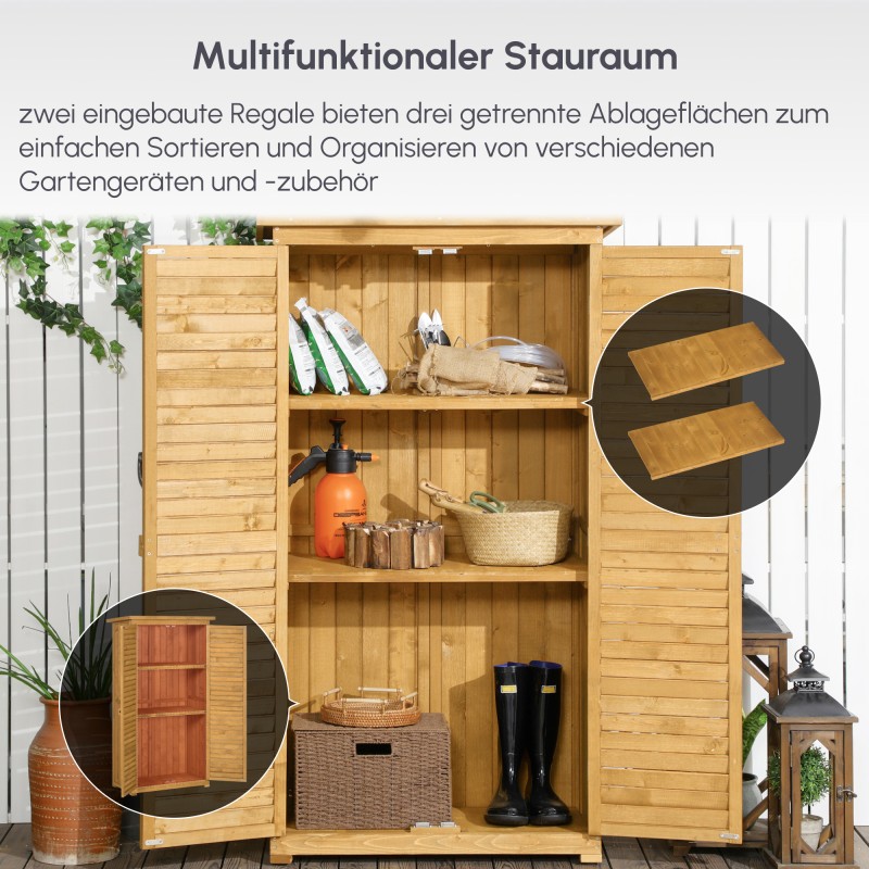Ulkosäilytyskaappi puutarhaan, kuusipuu, 3 hyllyä, säleovet, säänkestävä, 87 x 46,5 x 160 cm, ruskea