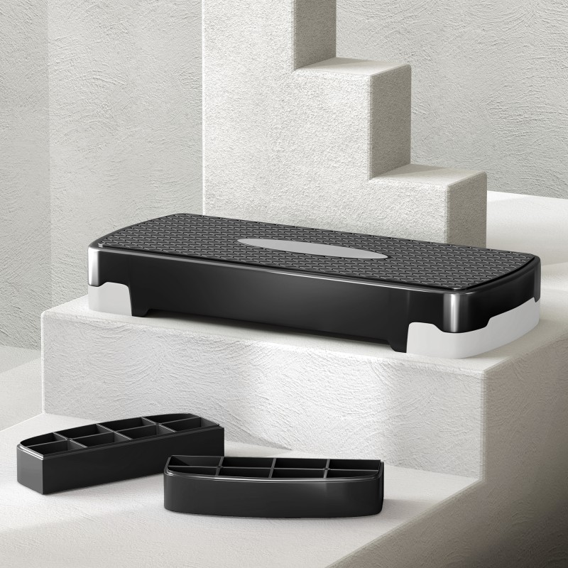 Aerobic-askelalusta 2-tasoinen korkeussäädettävä 10–15 cm, muovi, 68 x 29 cm, musta/harmaa