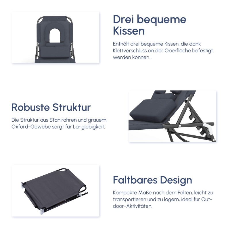 Taitettava aurinkovuode ulkokäyttöön, teräsrunko ja Oxford-kangas, 190x56 cm, harmaa