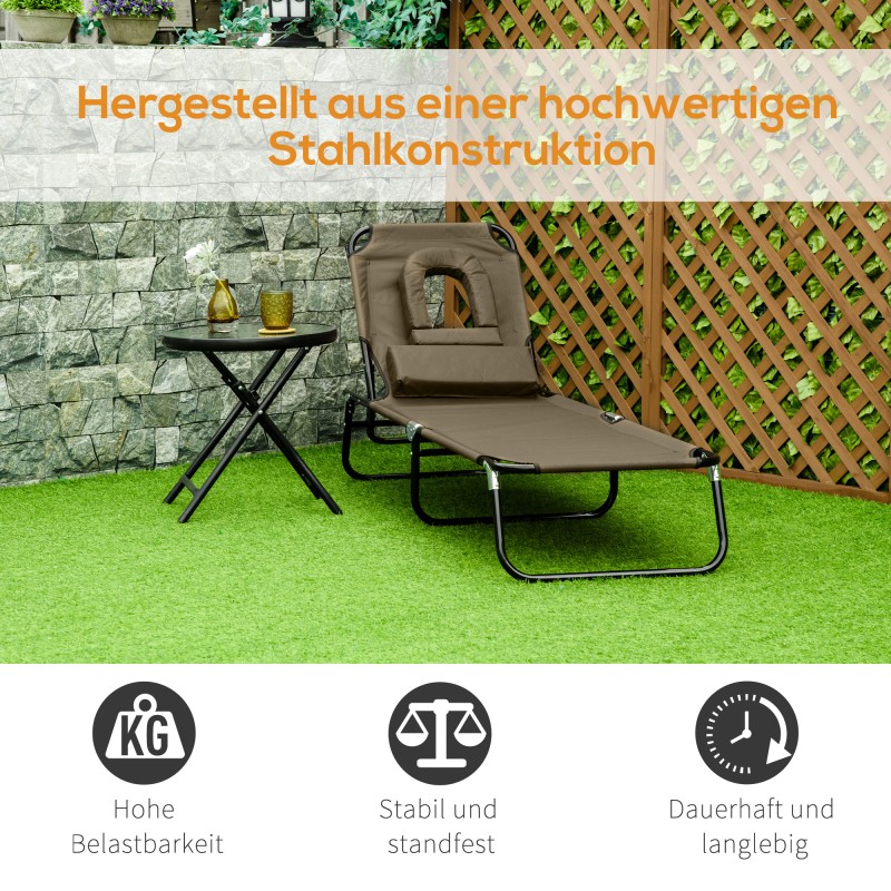 Taittuva aurinkotuoli ja lepotuoli kasvoaukolla, 4-asentoinen selkänoja, teräsrunko, Oxford-kangas, ruskea