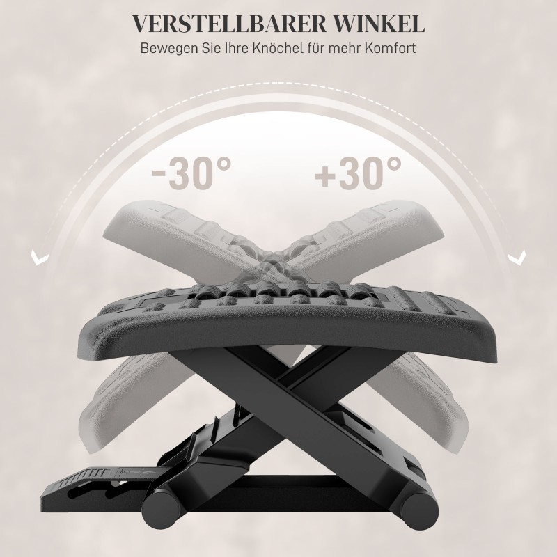 Ergonominen jalkatuki työtuolille, korkeussäädettävä ja kallistuva, hierova pinta, 46 x 35 cm, musta