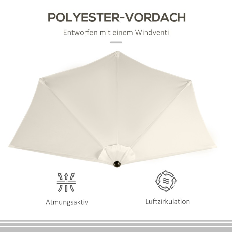 Puoliympyrän muotoinen parveke‑ ja terassivarjo käsikammella, metalli/polyesteri, 293 x 150 x 249 cm, kermanvalkoinen/musta