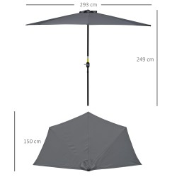 Puoliympyrän muotoinen parveke- ja terassivarjo kampimekanismilla, metalli/polyesteri, 293x150x249 cm, harmaa/musta