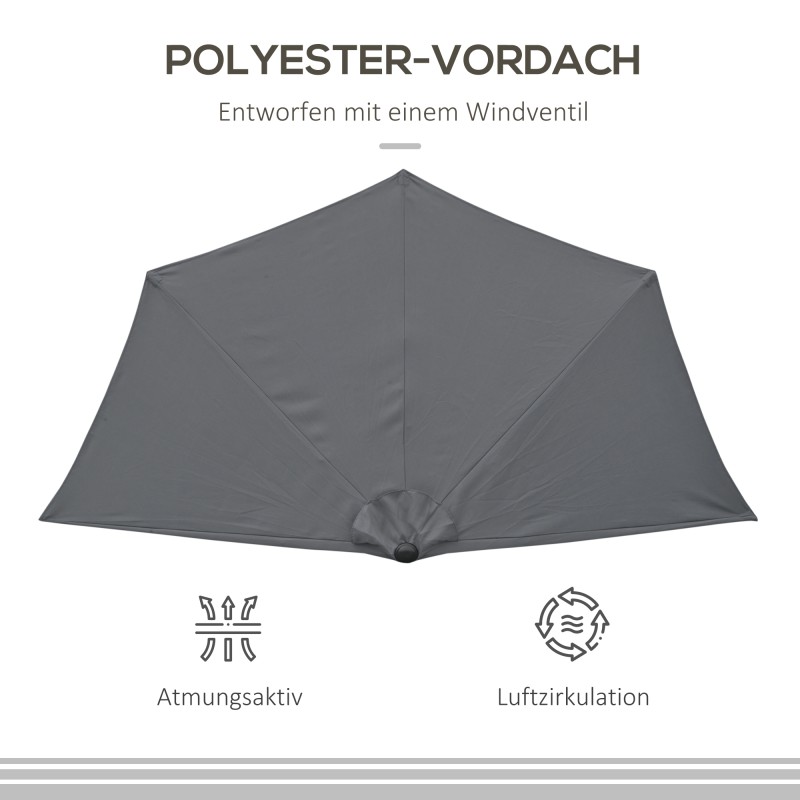 Puoliympyrän muotoinen parveke- ja terassivarjo kampimekanismilla, metalli/polyesteri, 293x150x249 cm, harmaa/musta