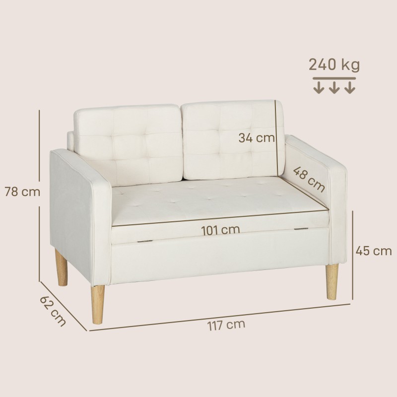 Kahden hengen säilytystilallinen sohva kumipuunjaloilla 117x62x78 cm cremevalkoinen