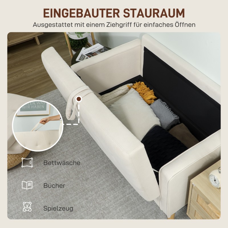 Kahden hengen säilytystilallinen sohva kumipuunjaloilla 117x62x78 cm cremevalkoinen