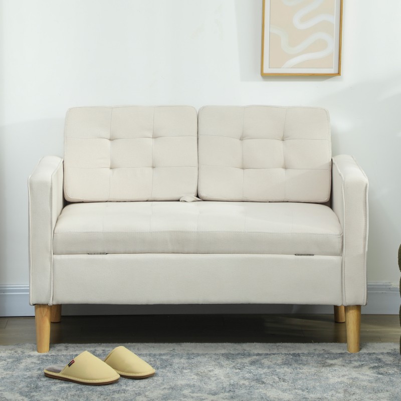Kahden hengen säilytystilallinen sohva kumipuunjaloilla 117x62x78 cm cremevalkoinen