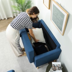 Kahden istuttava säilytystilallinen sohva, samettimainen kangas, kumipuu, 117x62x78 cm, sininen