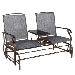 Kahden hengen puutarhakeinu pöytätasolla metallirunko ja texteline ruskea harmaa