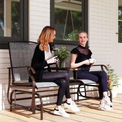 Kahden hengen puutarhakeinu pöytätasolla, metallirunko ja texteline, ruskea/harmaa