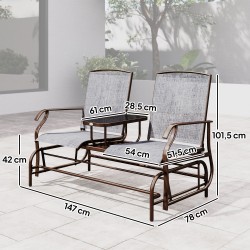 Kahden hengen puutarhakeinu pöytätasolla, metallirunko ja texteline, ruskea/harmaa