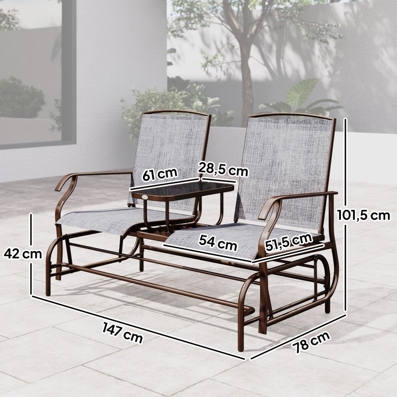 Kahden hengen puutarhakeinu pöytätasolla, metallirunko ja texteline, ruskea/harmaa