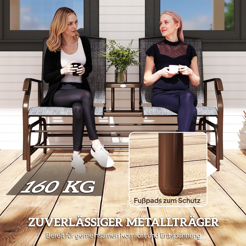 Kahden hengen puutarhakeinu pöytätasolla, metallirunko ja texteline, ruskea/harmaa