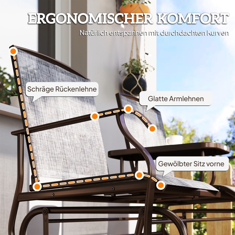 Kahden hengen puutarhakeinu pöytätasolla, metallirunko ja texteline, ruskea/harmaa