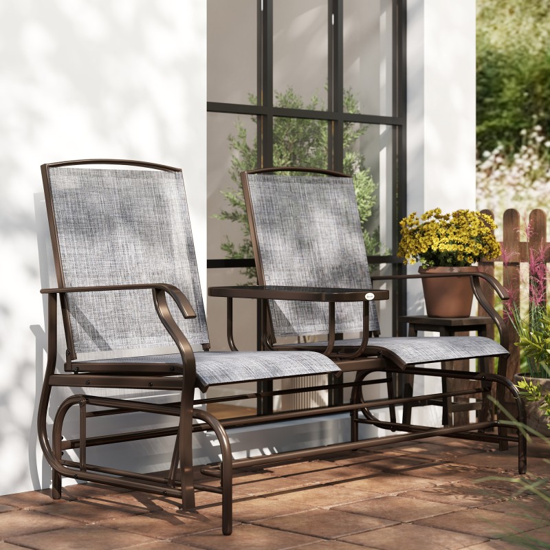 Kahden hengen puutarhakeinu pöytätasolla, metallirunko ja texteline, ruskea/harmaa