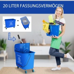 Siivousämpäri puristimella ja pyörillä, muovi, 20 l, sininen