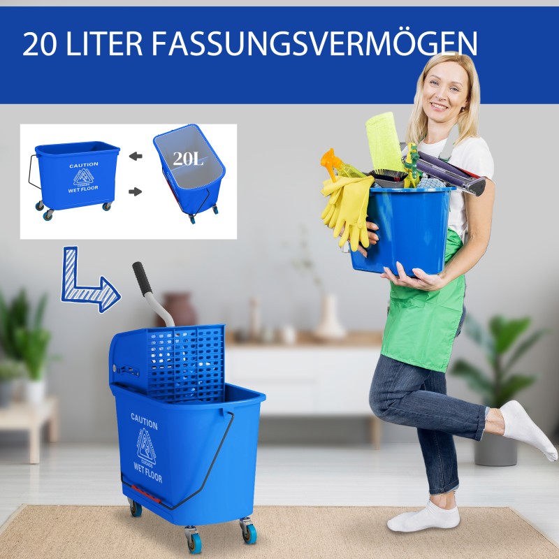 Siivousämpäri puristimella ja pyörillä, muovi, 20 l, sininen