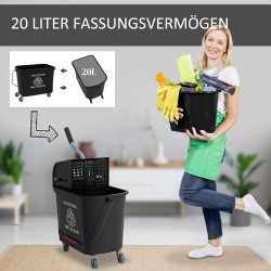 Lattianpesuämpäri pyörillä ja puristimella, muovi, 20 l, musta