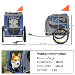 Lemmikkiperäkärry polkupyörään, teräsrunko, max 30 kg, 130x73x90 cm, harmaa/sininen