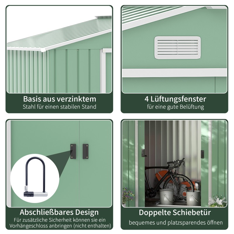 Pihavarasto teräs 213 x 130 x 185 cm liukuovet tuuletusaukot vaaleanvihreä