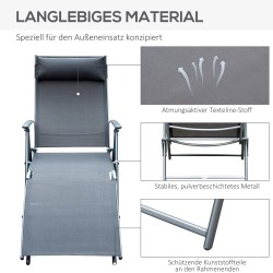 Taitettava puutarhan lepotuoli, 7-asentoinen selkänoja, metallirunko ja Textilene, 165 kg, harmaa