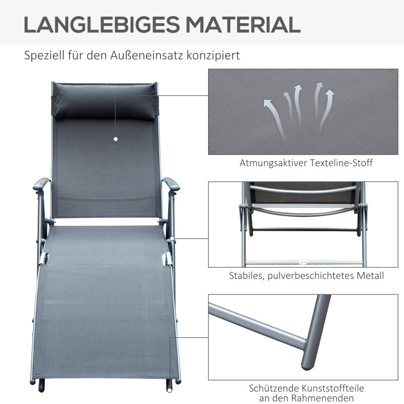Taitettava puutarhan lepotuoli, 7-asentoinen selkänoja, metallirunko ja Textilene, 165 kg, harmaa