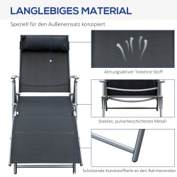 Kokoontaitettava puutarhalepotuoli ulkokäyttöön, metallirunko ja Texteline, säädettävä selkänoja, musta