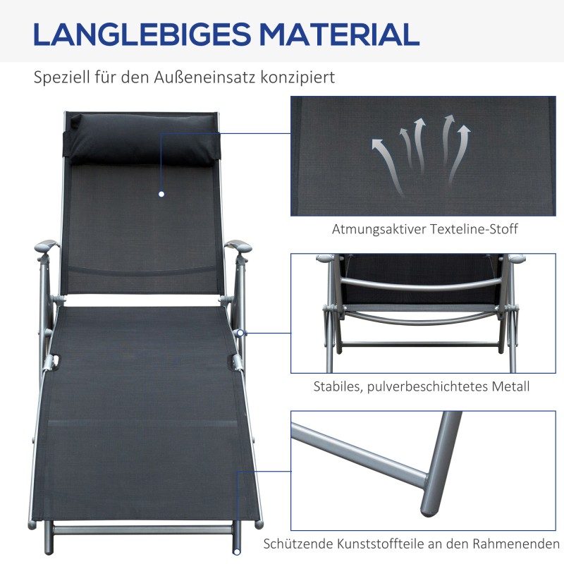 Kokoontaitettava puutarhalepotuoli ulkokäyttöön, metallirunko ja Texteline, säädettävä selkänoja, musta