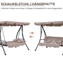 Puutarhakeinu lepotasoksi muunnettava 3 hengelle teräsrunko 200x125x170 cm ruskea