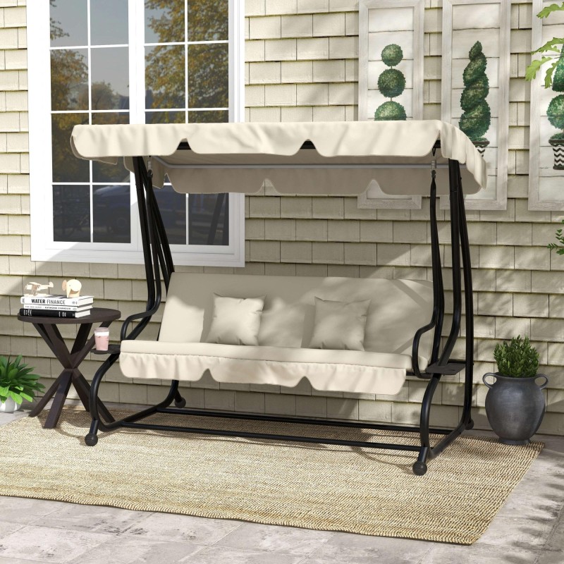 2-in-1 puutarhakeinu vuodeominaisuudella, teräsrunko, 200x120x164 cm, 3 hengelle, kermanvalkoinen