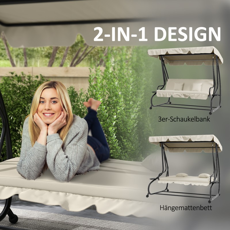 2-in-1 puutarhakeinu vuodeominaisuudella, teräsrunko, 200x120x164 cm, 3 hengelle, kermanvalkoinen