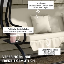 2-in-1 puutarhakeinu vuodeominaisuudella, teräsrunko, 200x120x164 cm, 3 hengelle, kermanvalkoinen