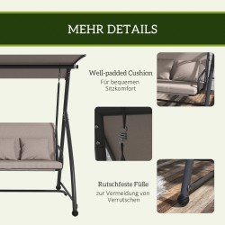 3 hengen terassikeinu lepotuolitoiminnolla, teräsrunko 218x120x168 cm, vaaleanruskea
