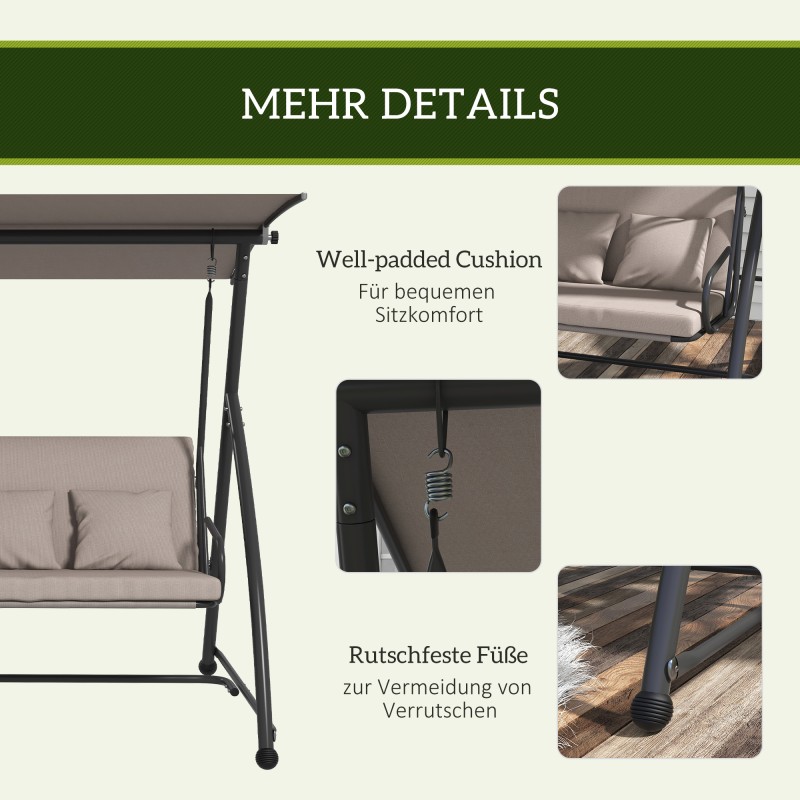 3 hengen terassikeinu lepotuolitoiminnolla, teräsrunko 218x120x168 cm, vaaleanruskea