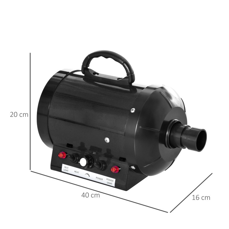 Lemmikkien fööni 2800W koirien ja kissojen turkinkuivain, säädettävä lämpötila ja puhallus, 3 suutinta, musta