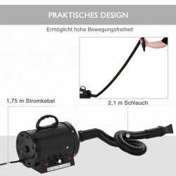 Lemmikkien fööni 2800W koirien ja kissojen turkinkuivain, säädettävä lämpötila ja puhallus, 3 suutinta, musta