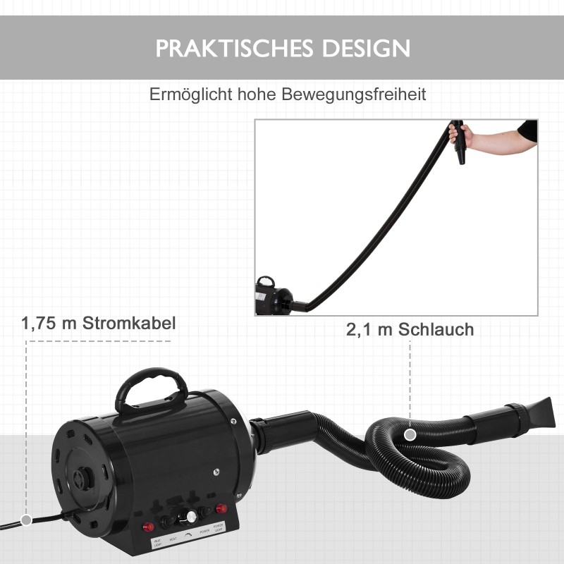 Lemmikkien fööni 2800W koirien ja kissojen turkinkuivain, säädettävä lämpötila ja puhallus, 3 suutinta, musta