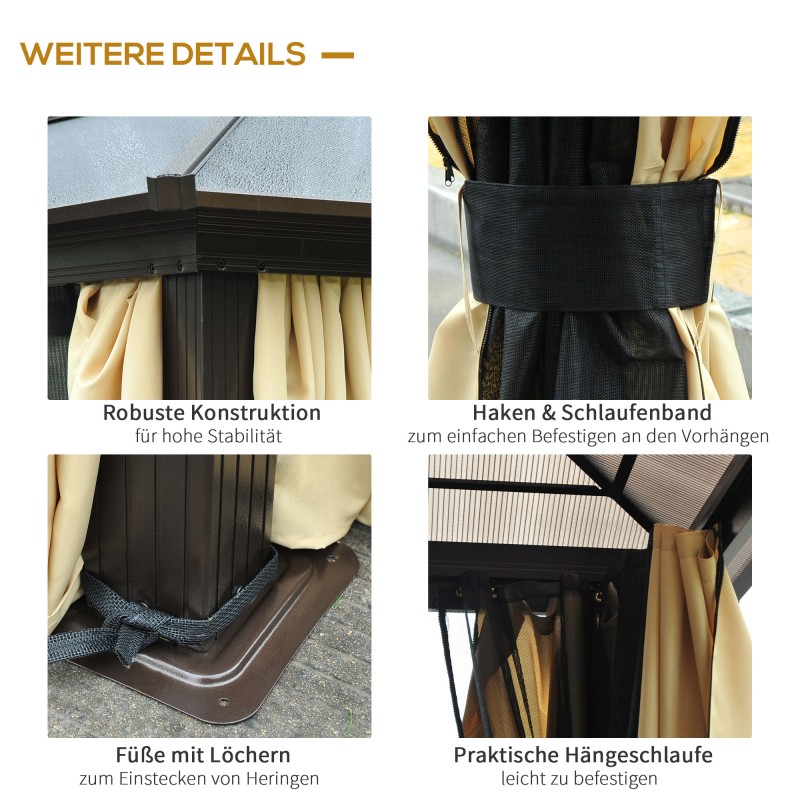 Puutarhakatos kovakatto alumiinirunko 4,2 x 3,6 m ruskea/kerma verhoilla ja hyttysverkolla