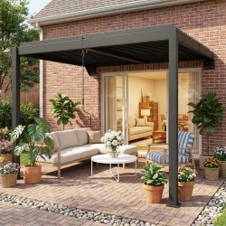 Terassikate pergola ulkokäyttöön alumiinia 3 x 3 m seinäkiinnitys säädettävä sälekatto tummanharmaa