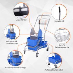 Siivousvaunu ammattikäyttöön, muovi/metalli, 25 L ämpäri ja puristin, 4 pyörää, sininen