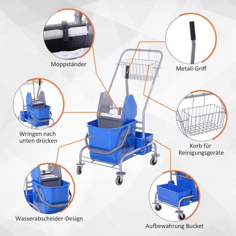 Siivousvaunu ammattikäyttöön, muovi/metalli, 25 L ämpäri ja puristin, 4 pyörää, sininen