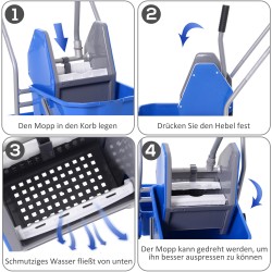 Siivousvaunu ammattikäyttöön, muovi/metalli, 25 L ämpäri ja puristin, 4 pyörää, sininen