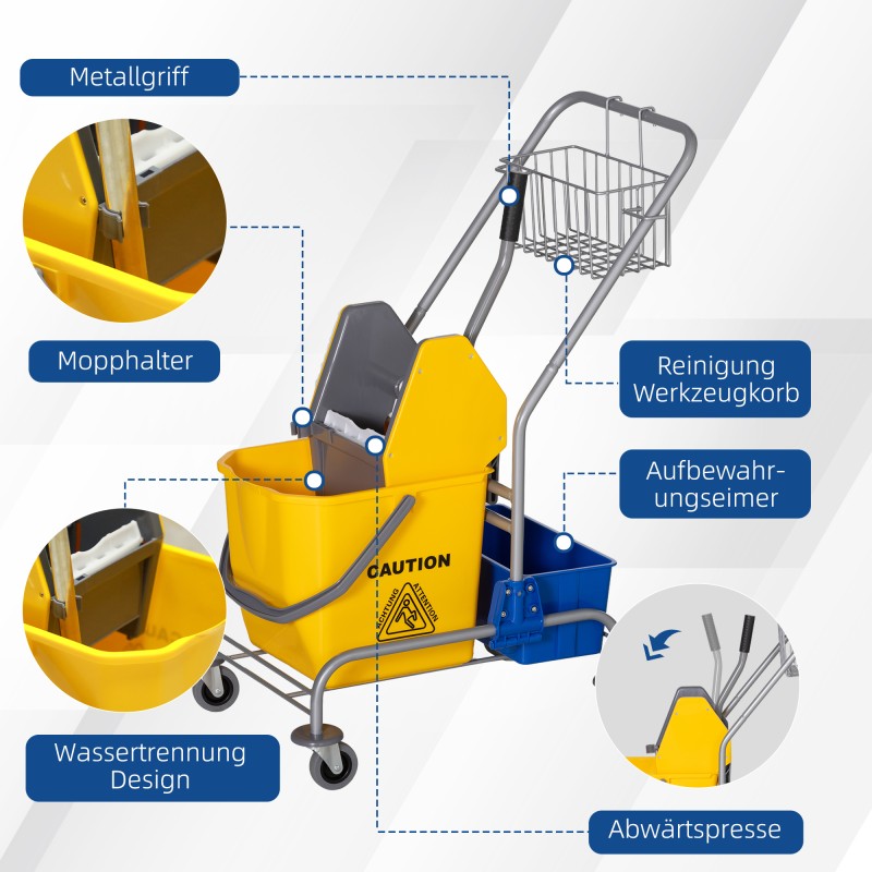 Siivousvaunu lattianpesuun, muovi/metalli, 25 l pesuastia, 4 pyörää, keltainen