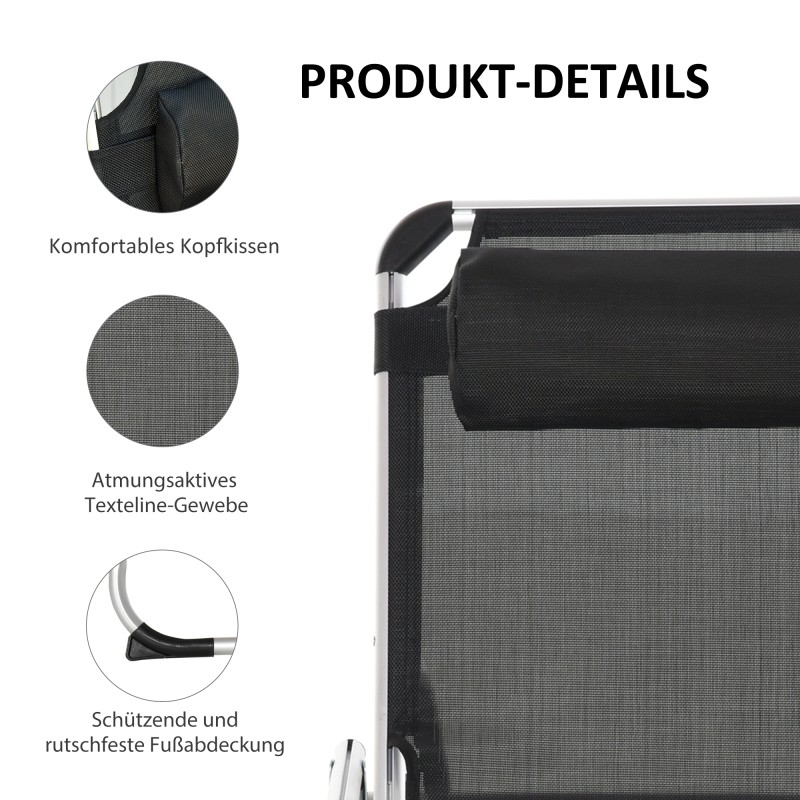 Taitettava aurinkotuoli puutarhaan, alumiinirunko, 4-asentoinen selkänoja, 120 kg, musta