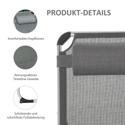 Taittuva aurinkotuoli ulkokäyttöön, alumiinirunko, säädettävä selkänoja, tyyny, harmaa