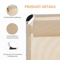 Taittuva aurinkotuoli puutarhaan, alumiinirunko, säädettävä selkänoja, niskatyyny, beige