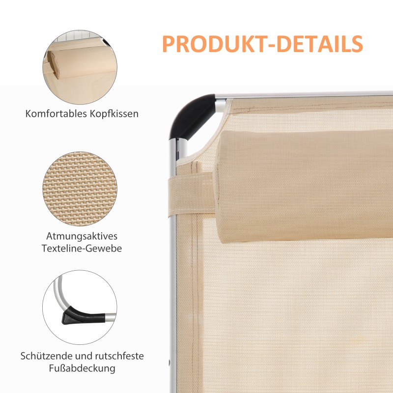 Taittuva aurinkotuoli puutarhaan, alumiinirunko, säädettävä selkänoja, niskatyyny, beige