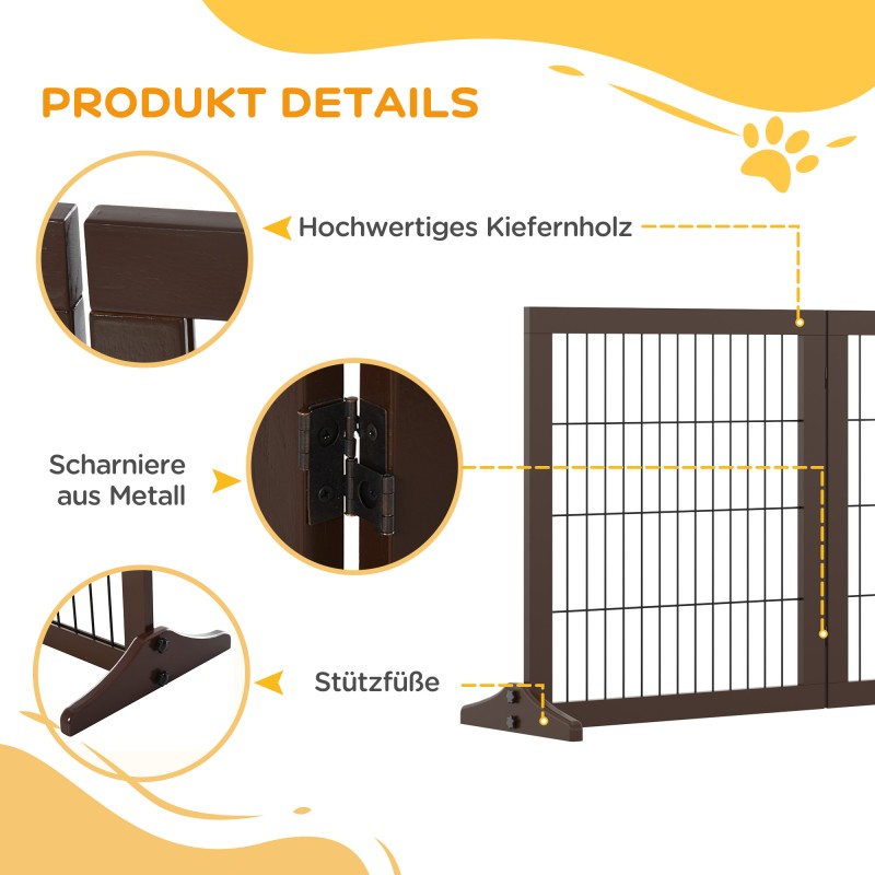 Lemmikkiportti koiralle, puu ja metalliritilä, vapaasti seisova, 3 paneelia, 185 x 71 cm, ruskea